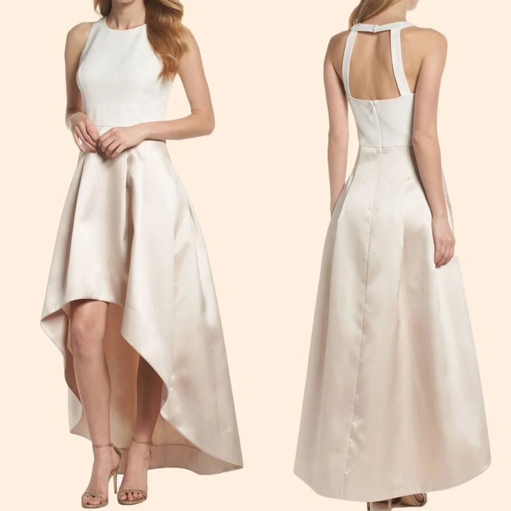 NEW ELIZA J Asymmetrical CHAMPAGNE Two Tone CREPE & MIKADO High Low DRESS GOWN 4 - Picture 3 of 13